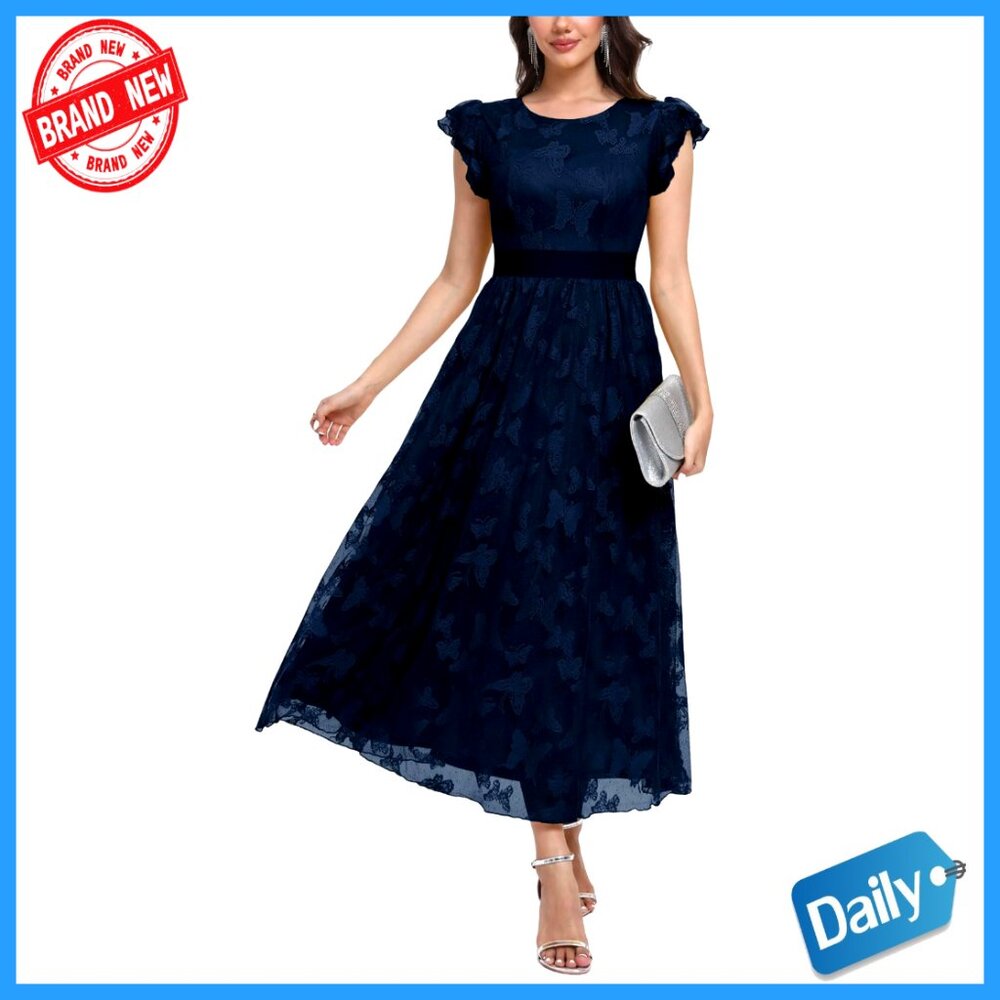 Tulle Midi Dress Ruffle Sleeve Crewneck Lace Flowy Elegant Party Wedding Guest